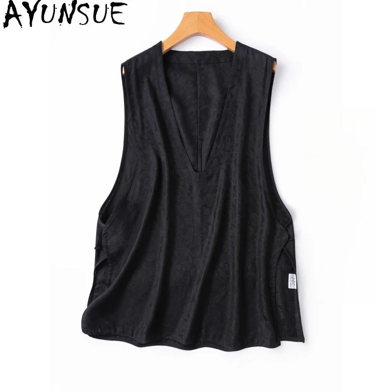

AYUNSUE 100% Silk Women's Tanks Sleeveless Tops for Woman Mid-length V-neck Slit Tanks Top Elegant Woman Clothes Топ Женский