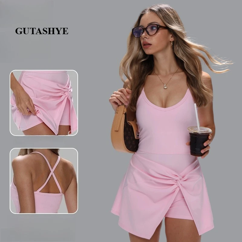 Women Spaghetti Strap Fake Two Piece Yoga One Piece Dress Stretchy Slim Fitness Workout Athletic Sports Jumpsuit