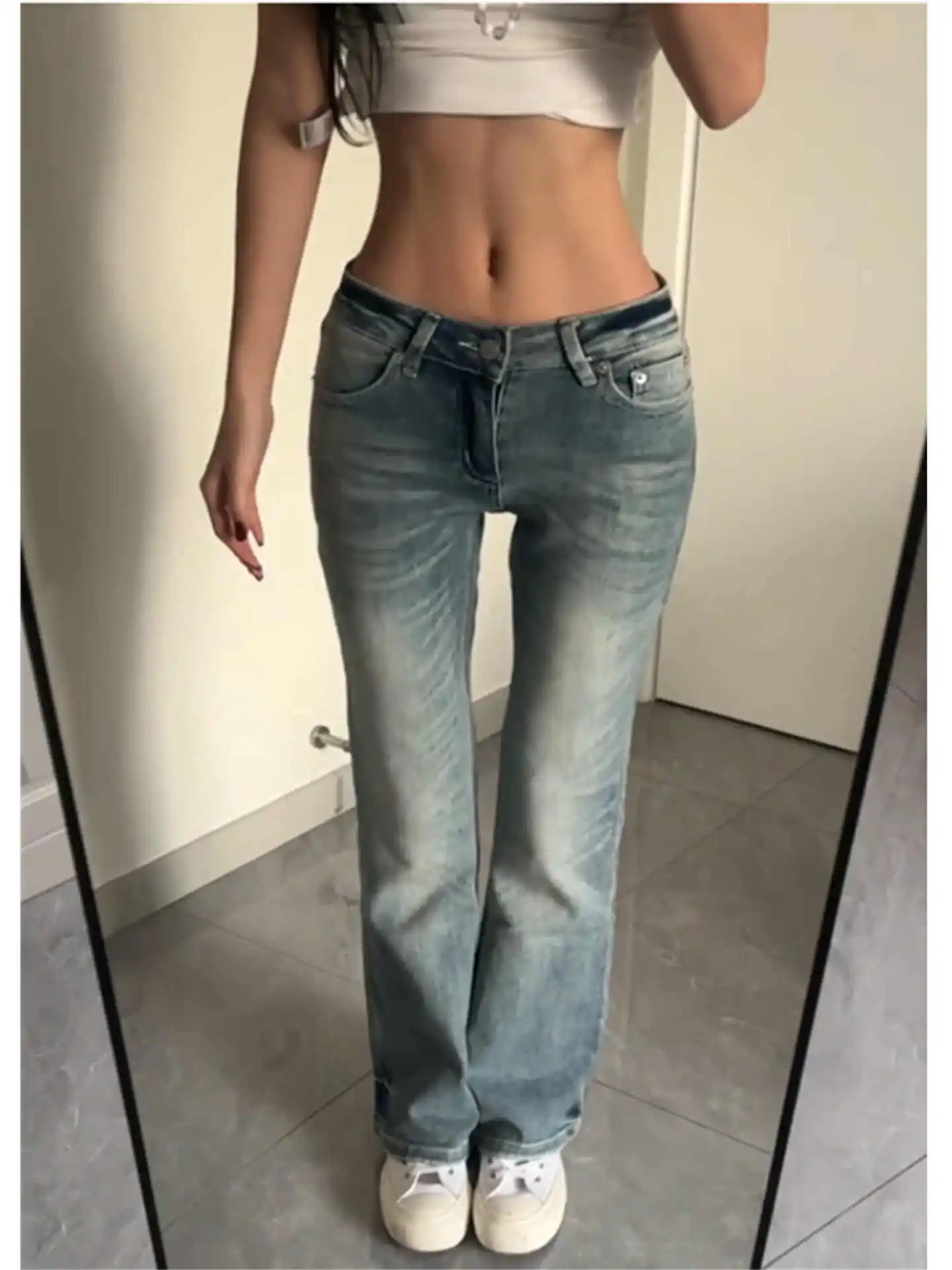

Women's Denim Pants Low Rise Jeans American Retro Kpop Bootcut Jeans Bleach Y2k 2000s Harajuku Skinny Jeans Stretch Japanese New