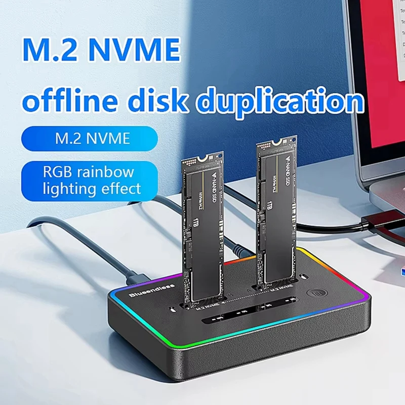 New-Blueendless Dual-Bay M.2 NVME SSD Docking Station RGB USB C Type C Offline Cloner Duplicator Nvme PCIE Enclosure