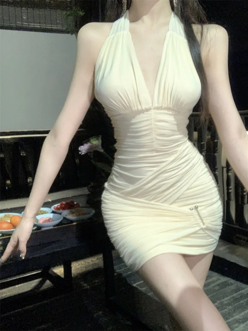 Summer New Sle Pure Desire Pleated Waist Cinched Svel Net Gown Bodycon Dr Trendy Women's Clothing
