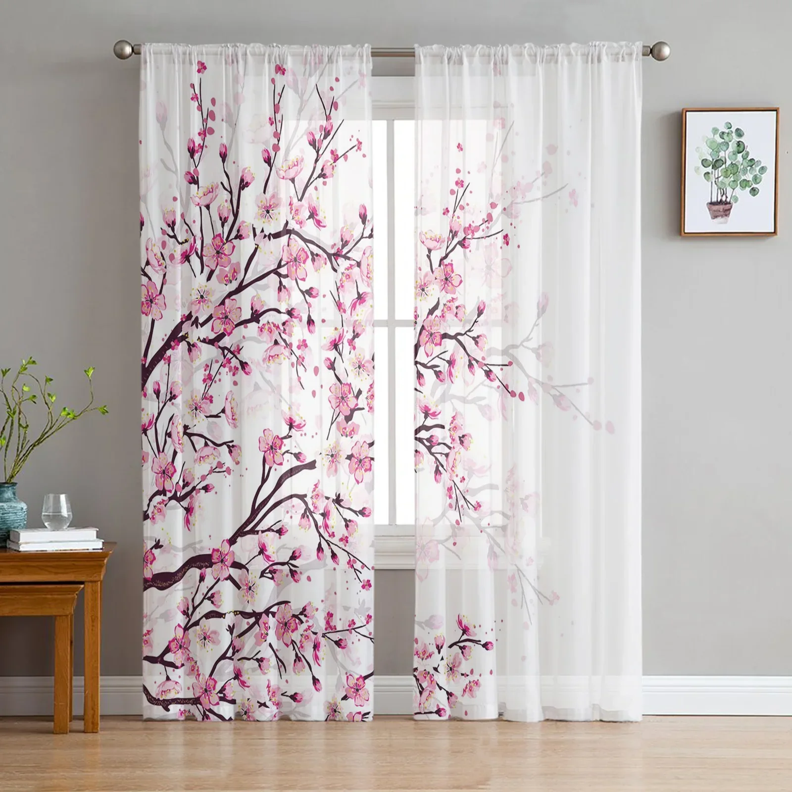 Cherry Blossom Plum Branch Pink White Chiffon Sheer Curtains for Living Room Bedroom Decoration Window Voiles Tulle Curtain