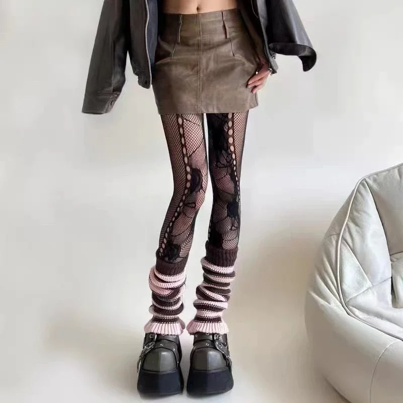 Spicy Girl Tights Retro Carved Two-Sided Irregular Jacquard Lace Mesh Pantyhose Y2K Rose Pure Desire Women Sexy Legs Socks