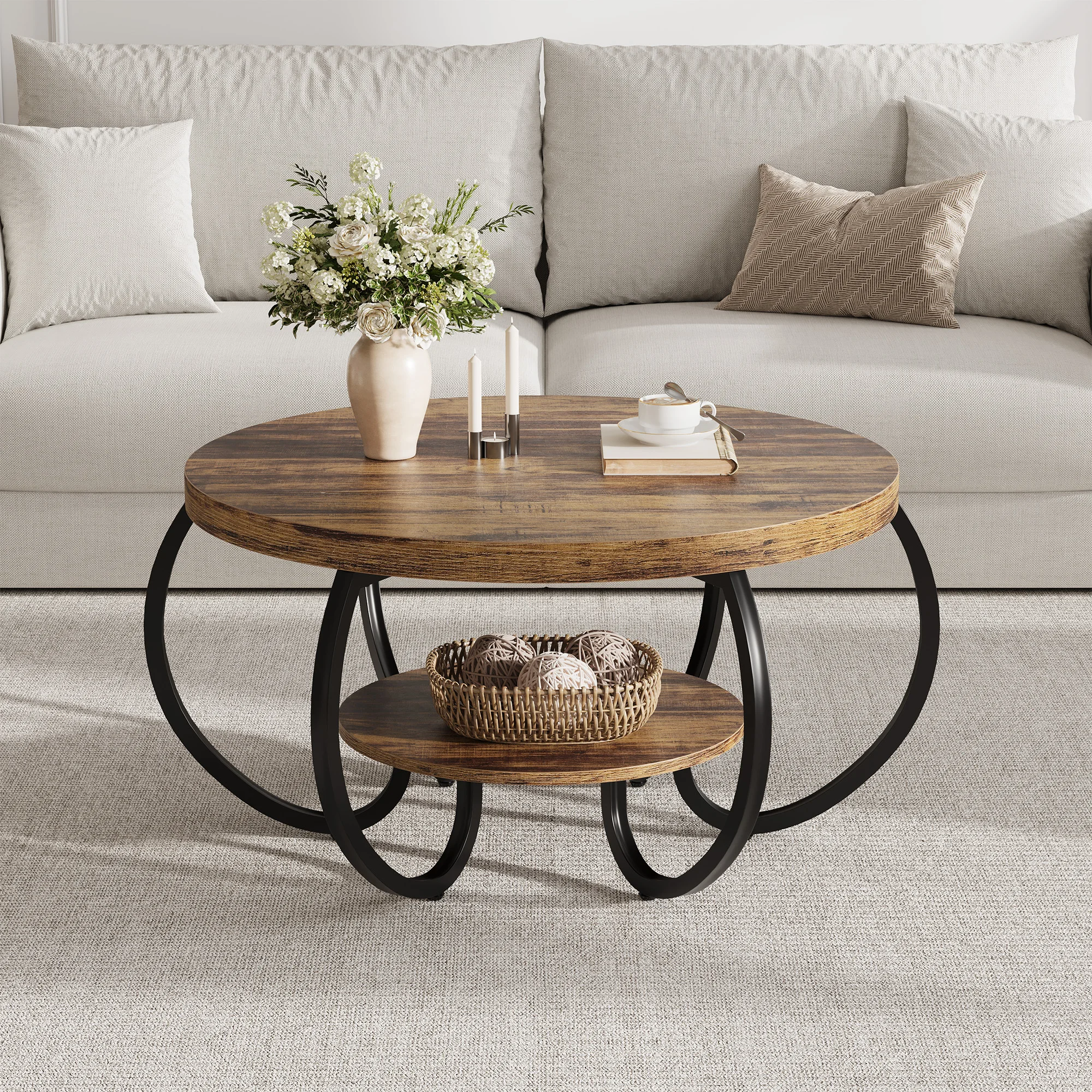 2-Tier Round Coffee Table for Living Room, Industrial Wooden Grain Coffee Table with Curved Metal Frame and Lower Storage Shelf, Modern Center Table for Home Decor