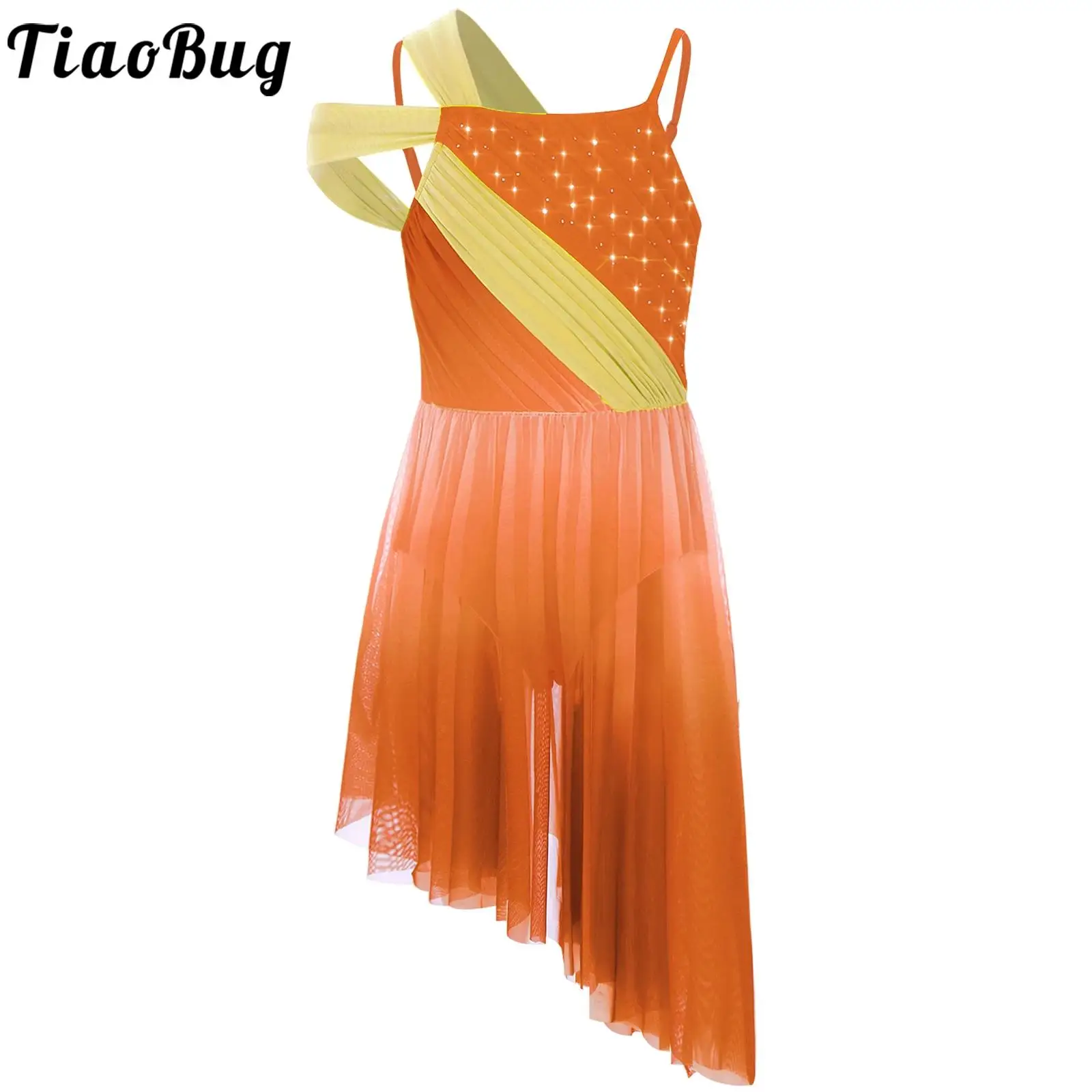 

Girls Lyrical Modern Dance Dress Ballet Gymnastics Figure Skating Performance Dancewear Sleeveless Mesh Split Leotards Dress