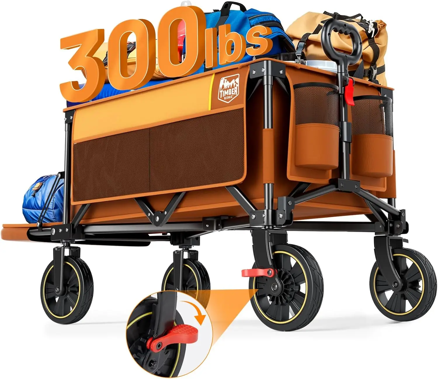 

Extra Long Folding Wagon 49" with Tailgate & Brakes, 300lbs Capacity Heavy Duty Collapsible Cart for Camping, Sports, Orange