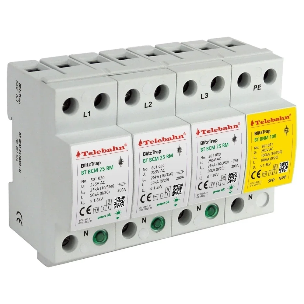 Power Surge Protective Device 255V 25kA 50kA 100kA 200kA T1 AC SPD 3P+NPE 3 Phase TT SPD Surge Protector