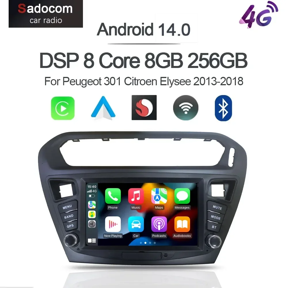 720P Carplay Android 13.0 8G+256G 8Core Car Player GPS WIFI Radio Multimedia For Peugeot 301 Citroen C-Elysee CElysee 2012-2016