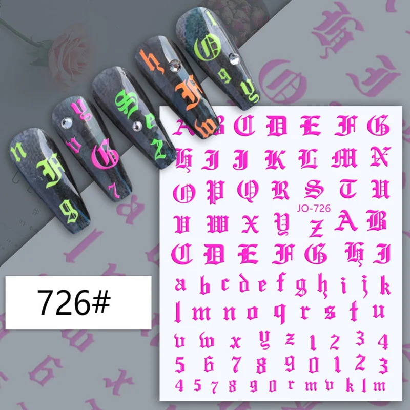 

3D letters stickers press on nails holographic laser foil fluorescent red yellow green gothic designs DIY manicure sliders decal