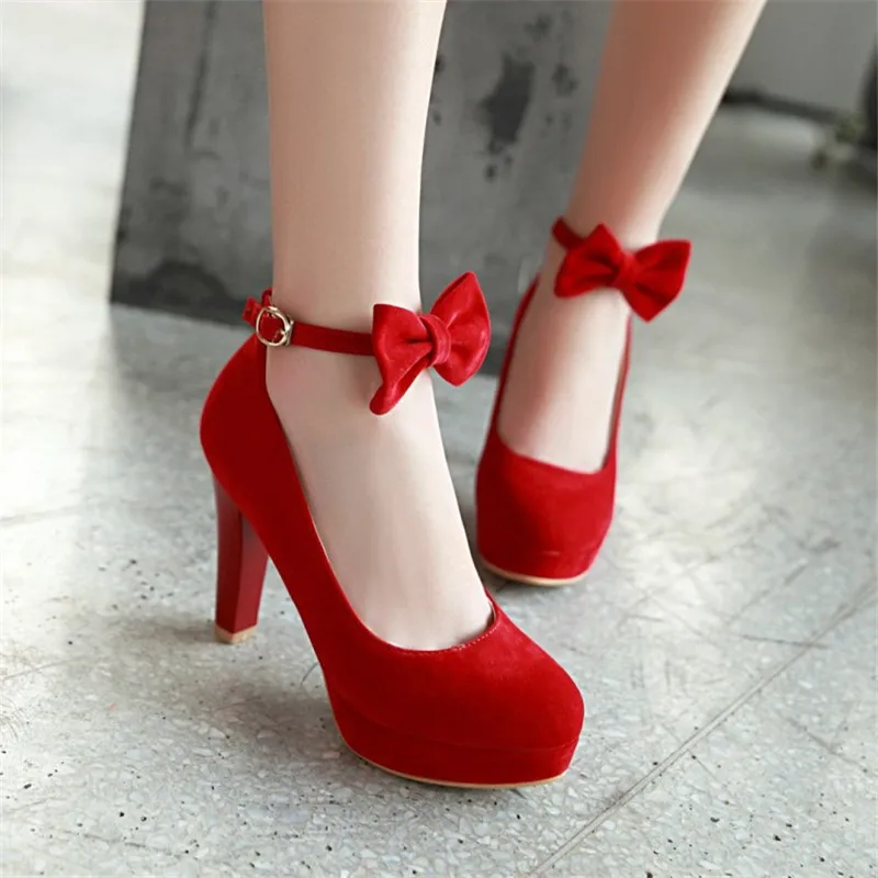 Girls Shoes Super High Heeled Women Pumps Sweet Bowknot Bridal Wedding Shoes Girls Ankle Strap Platform Women Heels Size 31-46