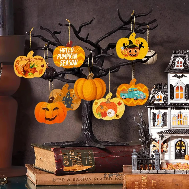 6 Stück Holz-Kürbis-Dekorationen, bemalt für Halloween und Thanksgiving, hohle DIY-Rohlinge, unvollendete Kürbis-Rundscheibe aus Holz