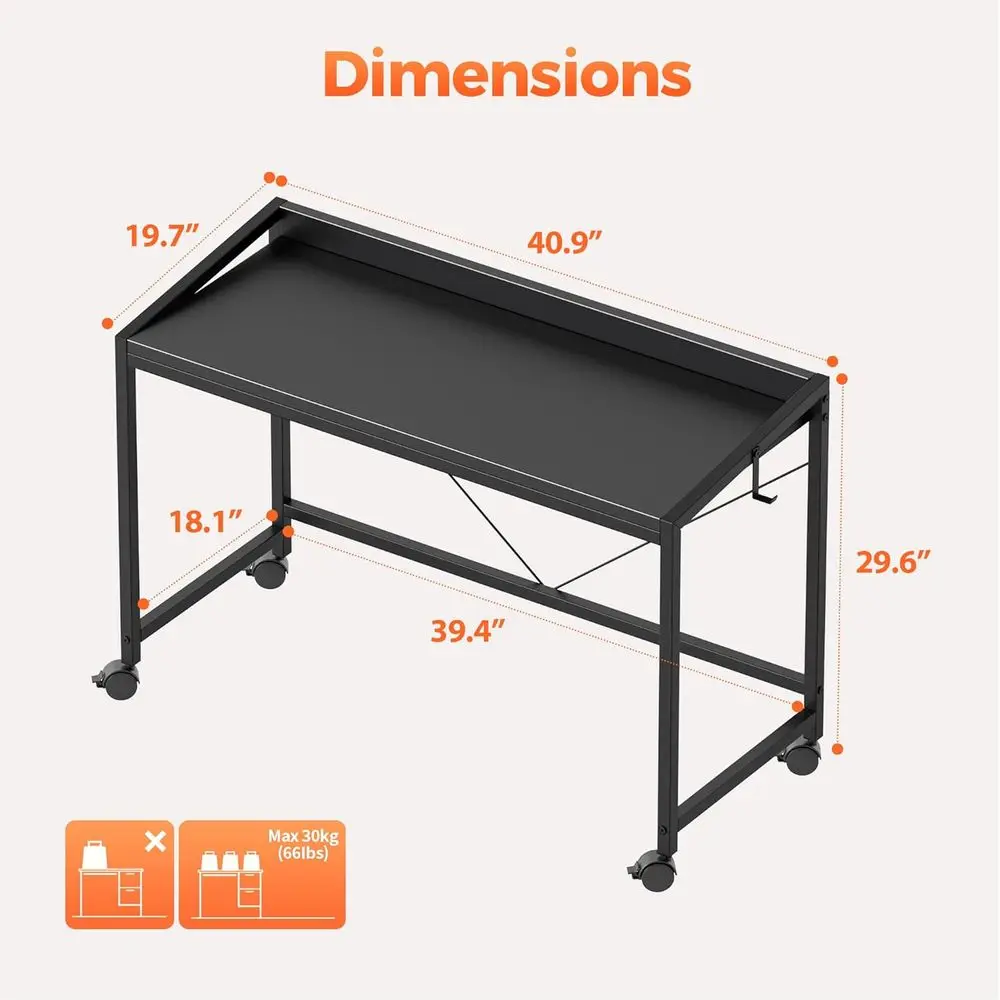 مكتب ألعاب مدمج بعجلات، 40 مكتبًا منزليًا حديثًا للمساحات الصغيرة، طاولة دراسة سوداء أنيقة