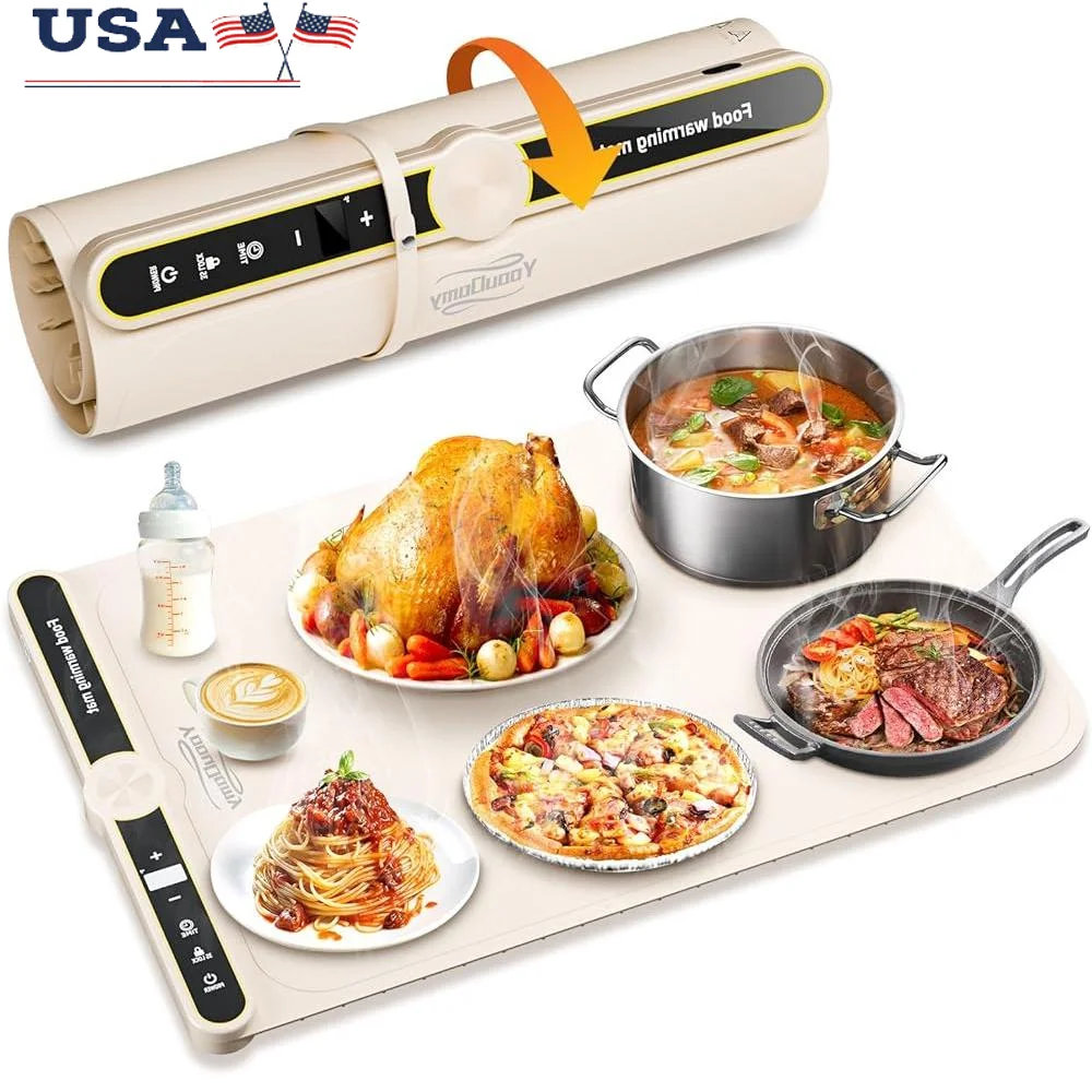 

Electric Food Warming Mat 9 Temperature Settings 6 Hour Timer Portable Heating Tray Full Surface Heating Non-slip Safe and Easy