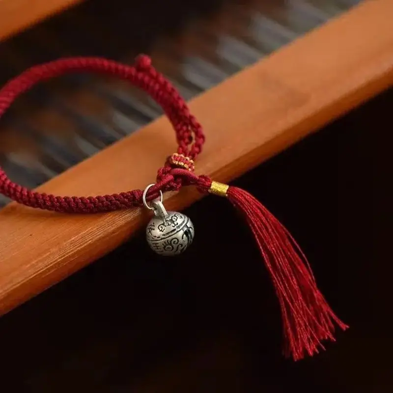 المنسوجة يدويا شرابة سوار للنساء ، S925 الفضة الاسترليني ، الذهب ابتلاع جرس السحر ، الأحمر حبل سوار ، نمط العرقية ، هدية