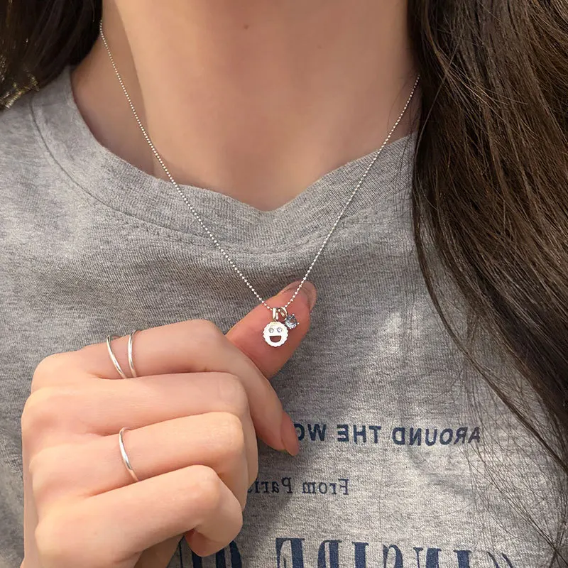 Minar Cute Lovely Blue Rhinestone Hollow Metallic Smile Face Pendant Necklaces for Women Silver Plated Copper Beads Chain Choker