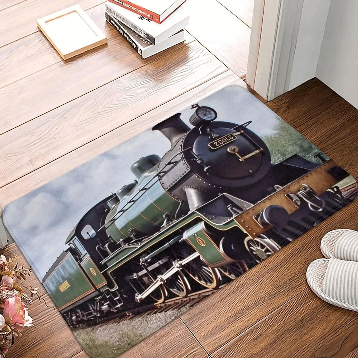 Vintage Green Steam Train Door Mat, Retro Locomotive Floor Mat, Non-slip Entrance Rug, Classic Railway Home Decor Gift