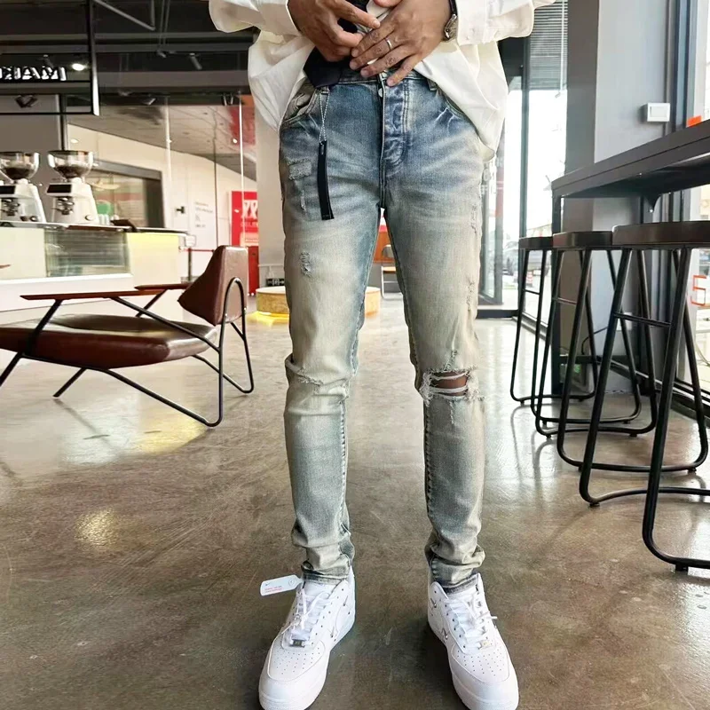 High Street Fashion Designer Men Jeans Retro Washed Yellow Blue Stretch Skinny Fit Ripped Jeans Men Hip Hop Brand Pants Hombre