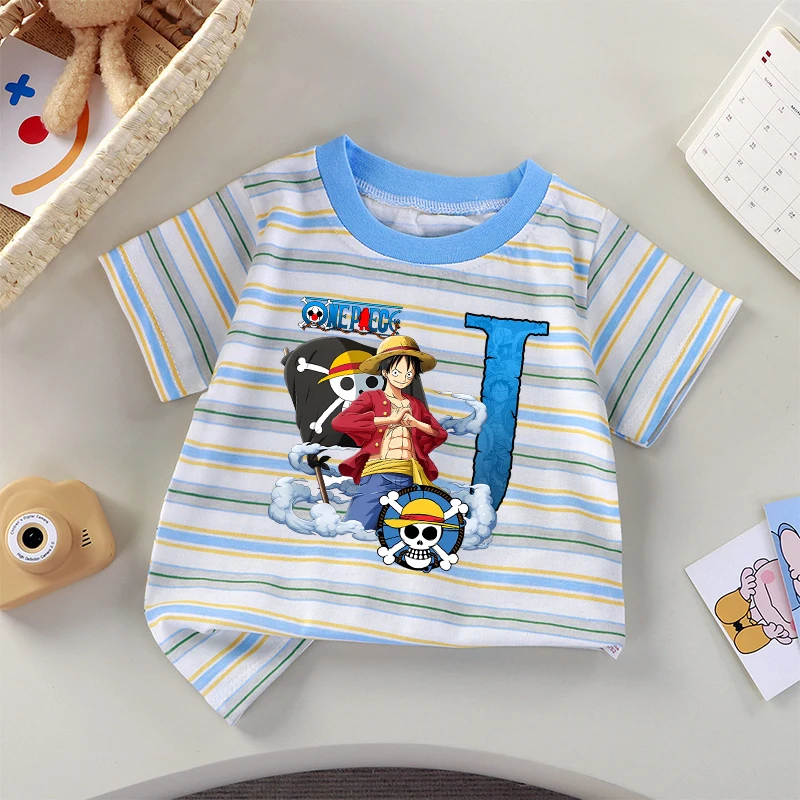 Uma peça listrado camiseta roupas infantis luffy dos desenhos animados anime A-Z carta padrão de manga curta menino verão topo criança moda t