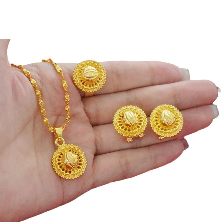 

Women's Gold-Plated Middle Eastern Evil Eye Design Jewelry 3pcs Set: Necklace, Earrings & Ring, Cultural & Elegant Style Gifts
