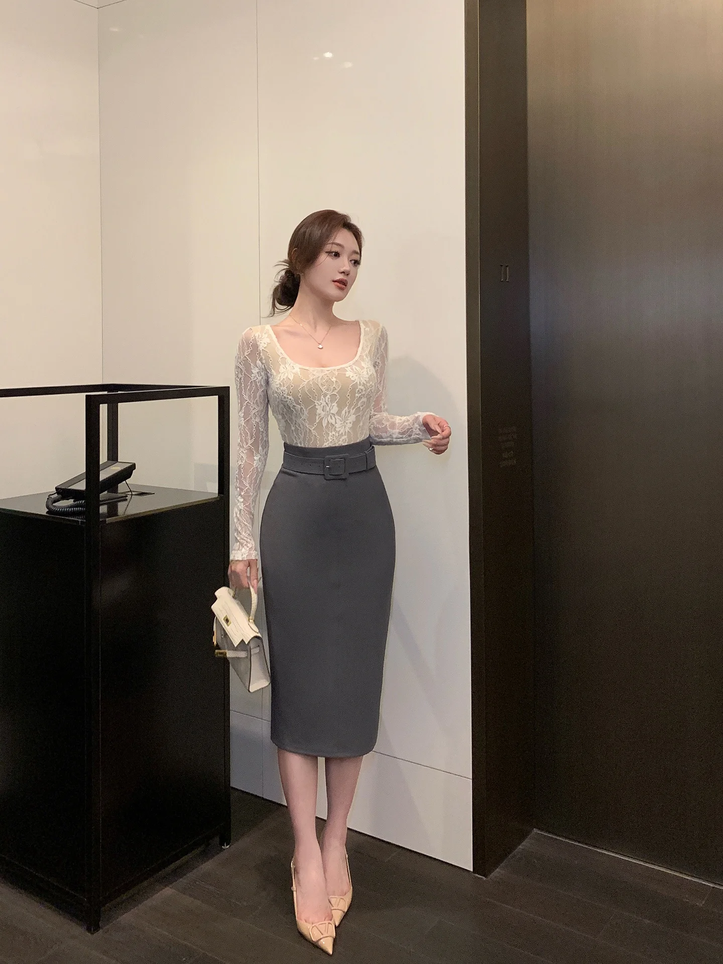 

Облегающая юбка миди с высокой талией Deep ey для женщин, для офиса и повседневной носки, в корейском стиле, из полиэфирного волокна, H-образного кроя, вязаная