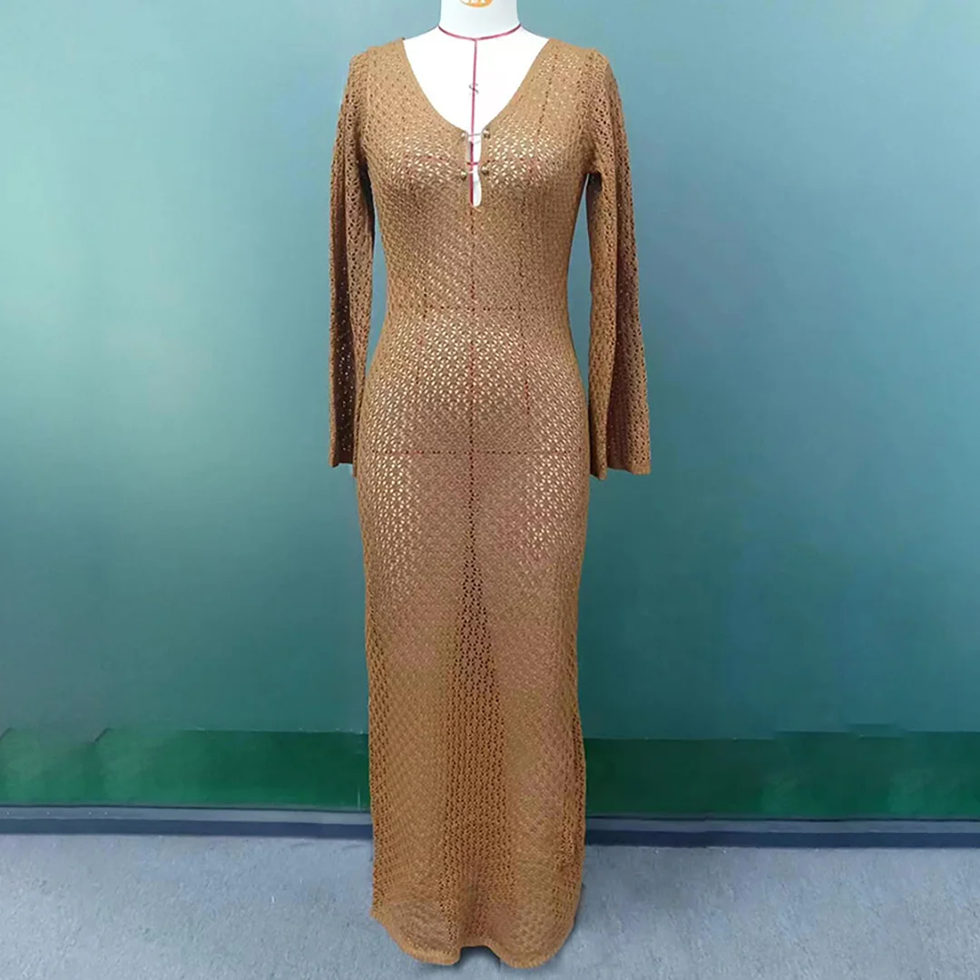 8 Farben, V-Ausschnitt, langärmeliges, gehäkeltes, gestricktes Tunika-Strandkleid, Strandmode, Strandbekleidung, Strand-Cover-up, Damen, V5046 – Detail 25