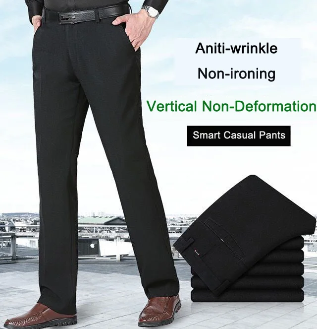 Herren Business-Anzughose, Casual, Mittellange, Weiche, Gepflegte Marken-Arbeitshose, Gerade Passform, Schwarz/Grau, Große Größen 28-40 – Detail 3