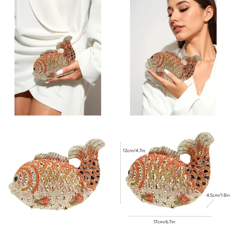

Women Mini Fish Clutch Luxury Rhinestones Purse Sparkling Banquet Handbag Wedding Party Clutch Bag