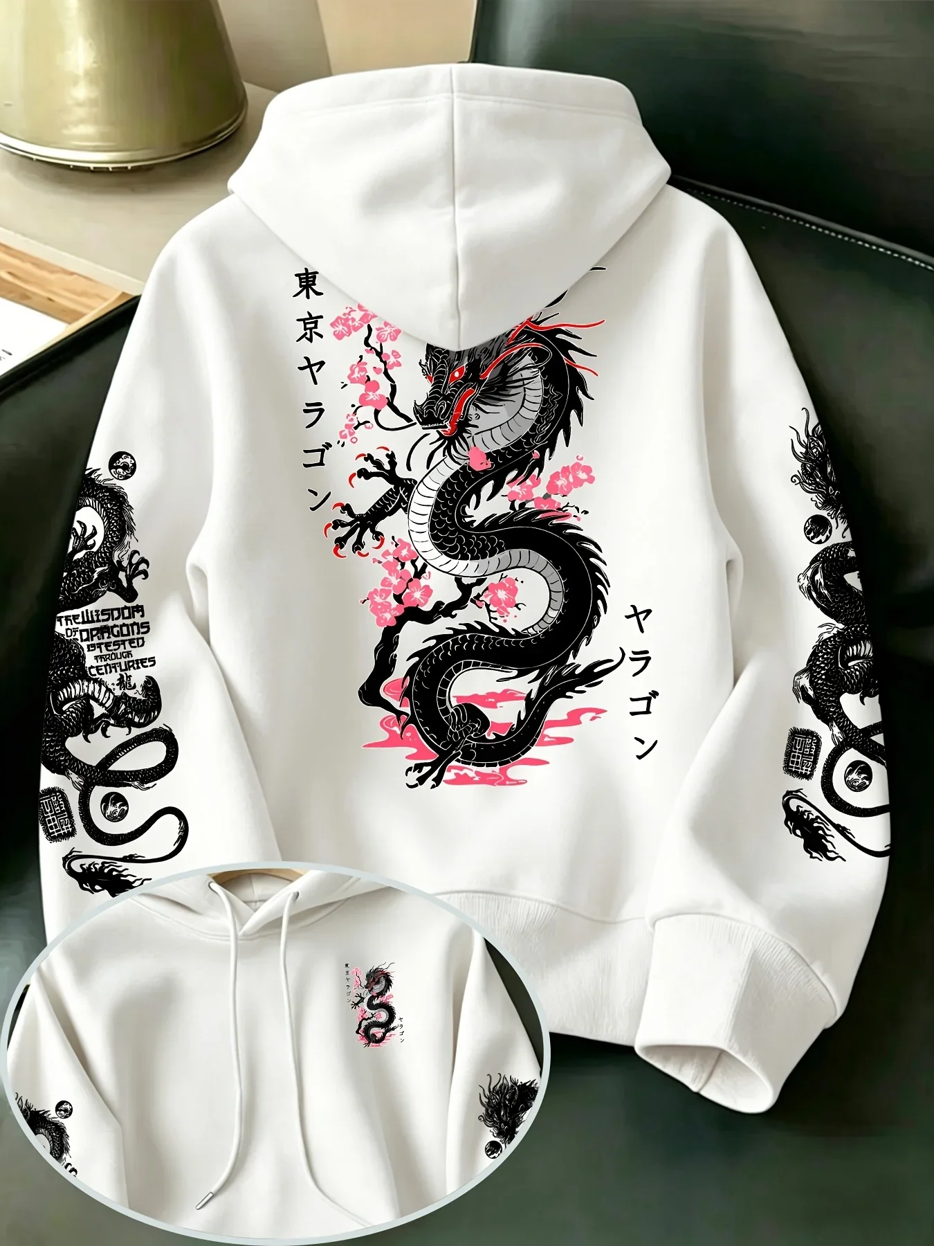 Men's Japanese Style Hoodie Tokyo Dragon Cherry Blossom Graphic Print Sweatshirt Oversized Asian Streetwear Autumn Winter Tops
