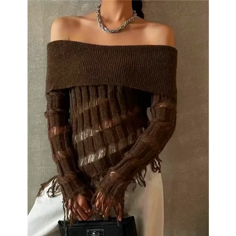 

Fashion Off Shoulder Knitted Sweater Women Hollow Out Vintage Long Sleeve Pullover Irregular Slash Neck Casual Knitwears 30243