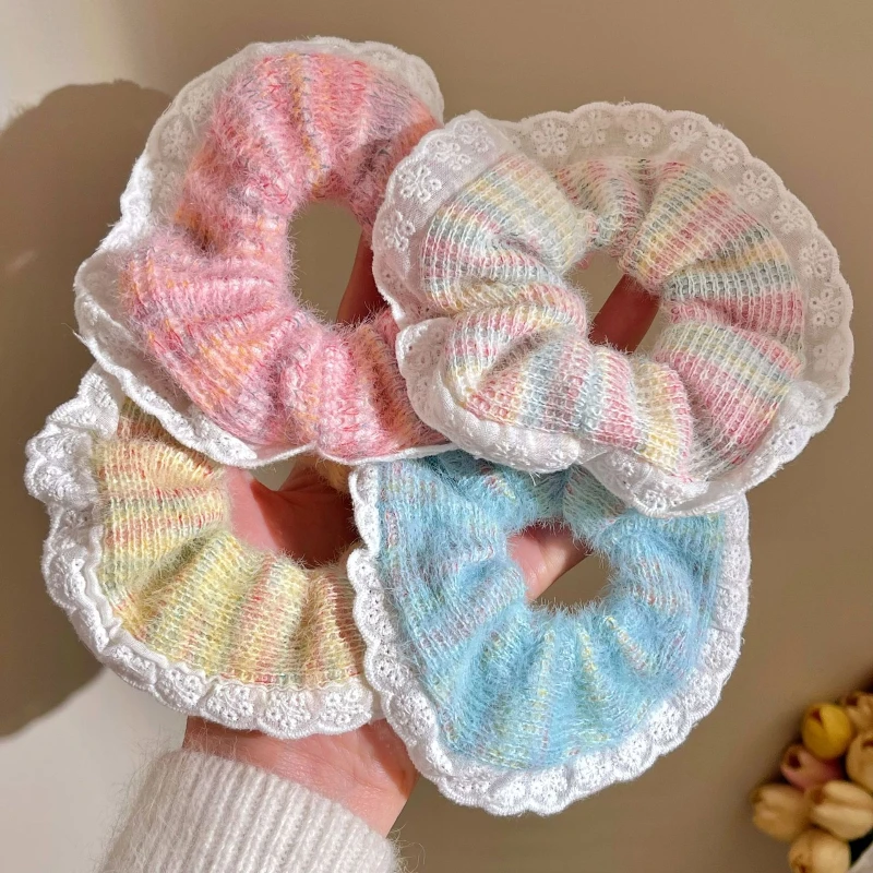 

Autumn Winter Sweet Lace Elegant Large Intestine Headband Gradient Ice Cream Headband Girl Forest Hair Accessories Yarn 헤드밴드