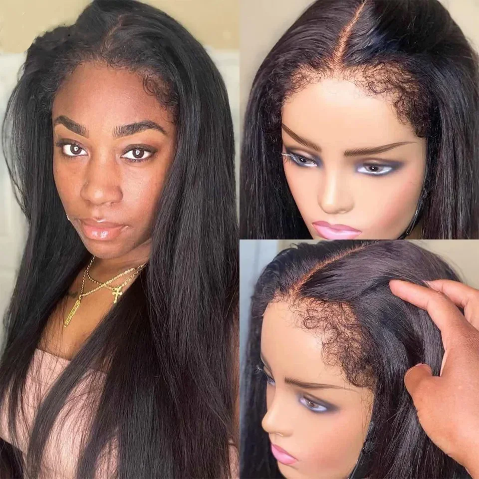 4C Glueless Preplucked Human Hair Wigs 150% Density Cheap Bone Straight Lace Front Wigs Human Hair With 4c Edges Curly Hair