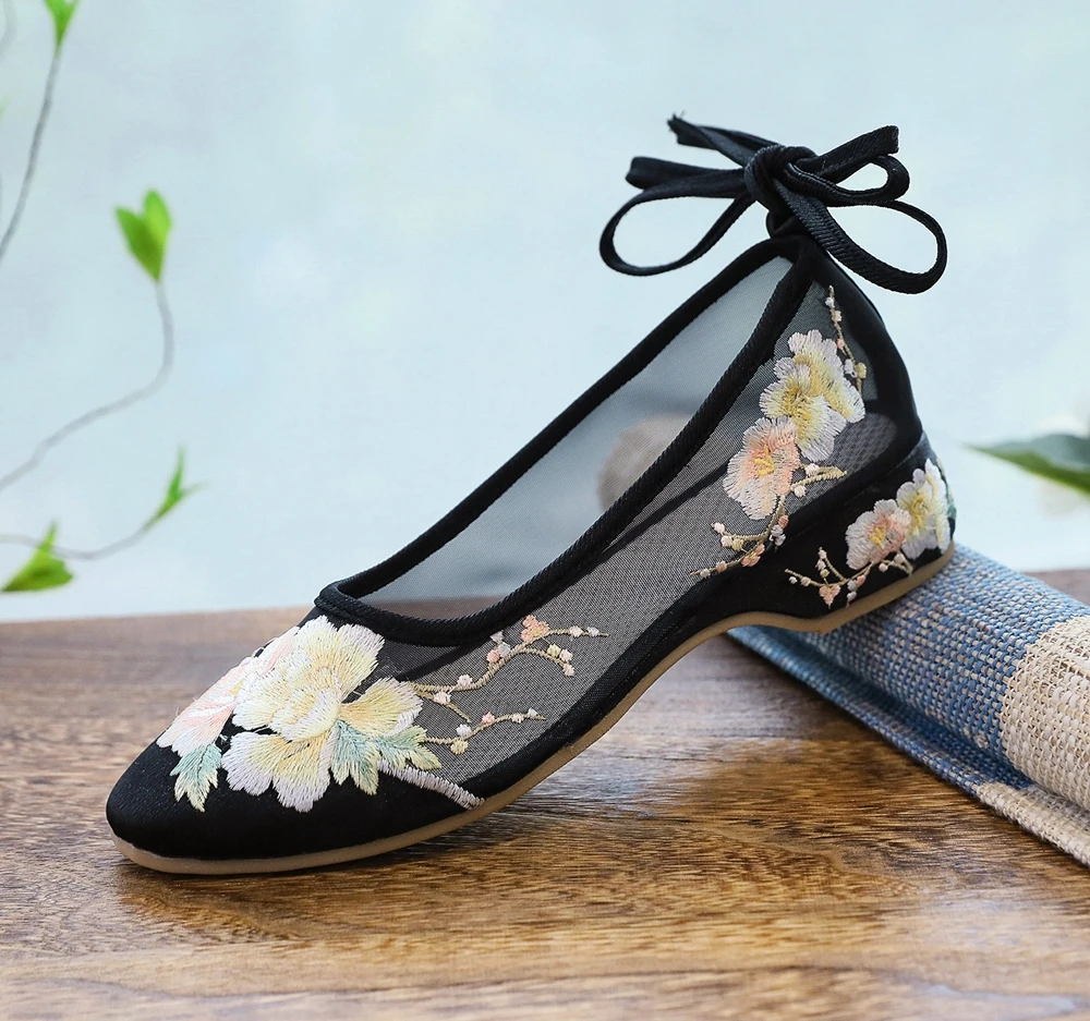 Veowalk Long Ankle Strap Summer Women Gauze Mesh Embroidered Ballet Flats Breathable Comfortable Walking Shoes for Elegant Lady