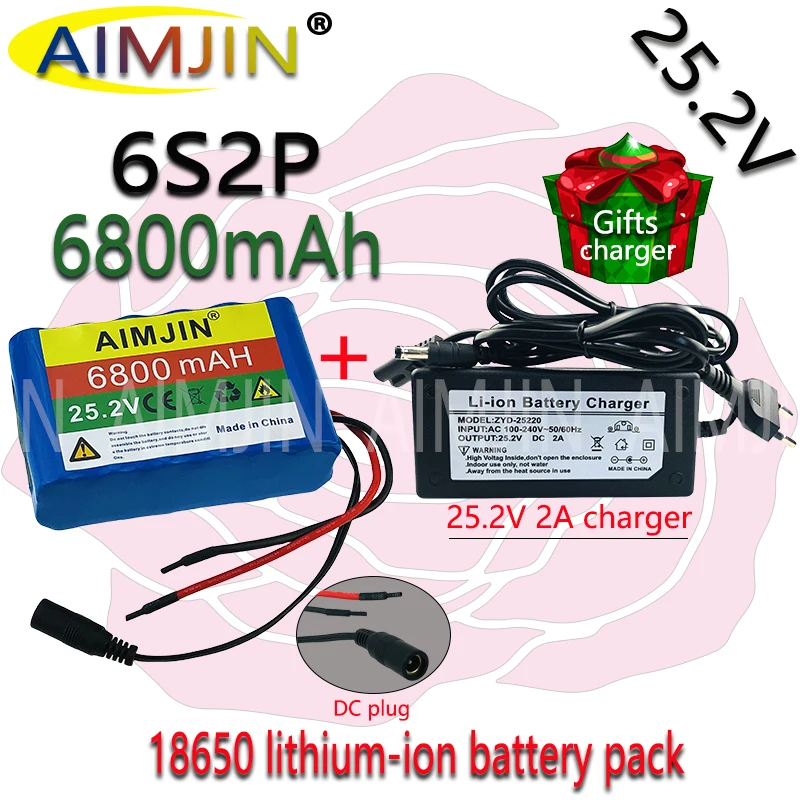 25.2V 24V 6S2P 68000mAh 18650 Lithium Battery Pack 24V with BMS for Rechargeable battery  + 2A charger