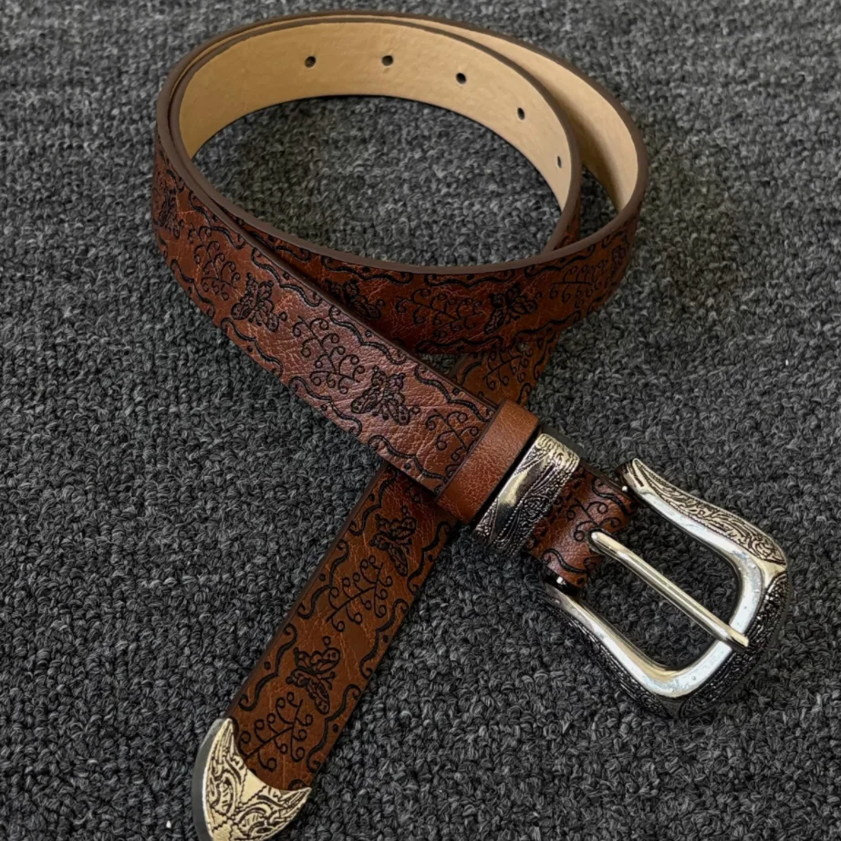 Vintage Brown Embossed PU Leather Belt for Women Pin Buckle Casual Minimalist Waist Belt Adjustable Jeans Belt for Daily Wear