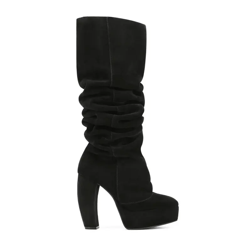 

European and American Luxury Fashion Brand, Coarse High Heels, Pleated Sleeves, Suede Boots, Women's Fashion Knight Boots
