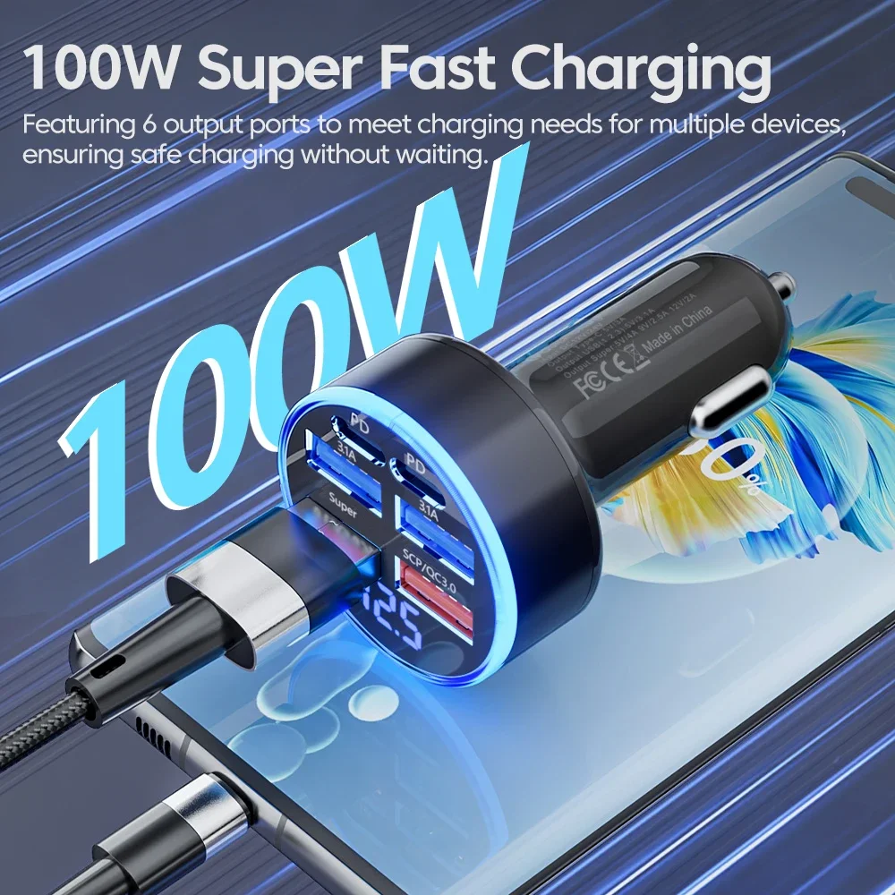 100W 6 Ports USB C Car Charger Fast Charging QC 3.0 Type C Car Phone Charger For iPhone Samsung Huawei Xiaomi USB Charger in Car