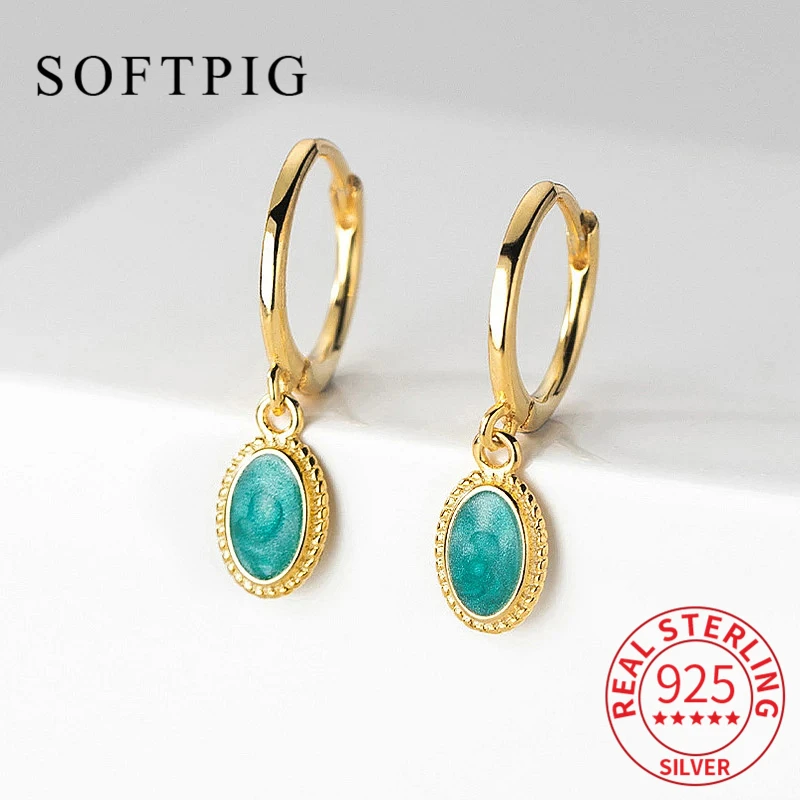 SOFTPIG Real 925 Sterling Silver Turquoise Geometric Oval 18K Gold Hoop Earrings For Charm Women Trendy Fine Jewelry Accessories