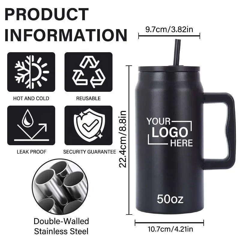 كوب سيارة محمول بسعة كبيرة قابل للتخصيص 50 أونصة من الفولاذ المقاوم للصدأ معزول زجاجة مياه مع شفاطة للمشروبات الساخنة والباردة