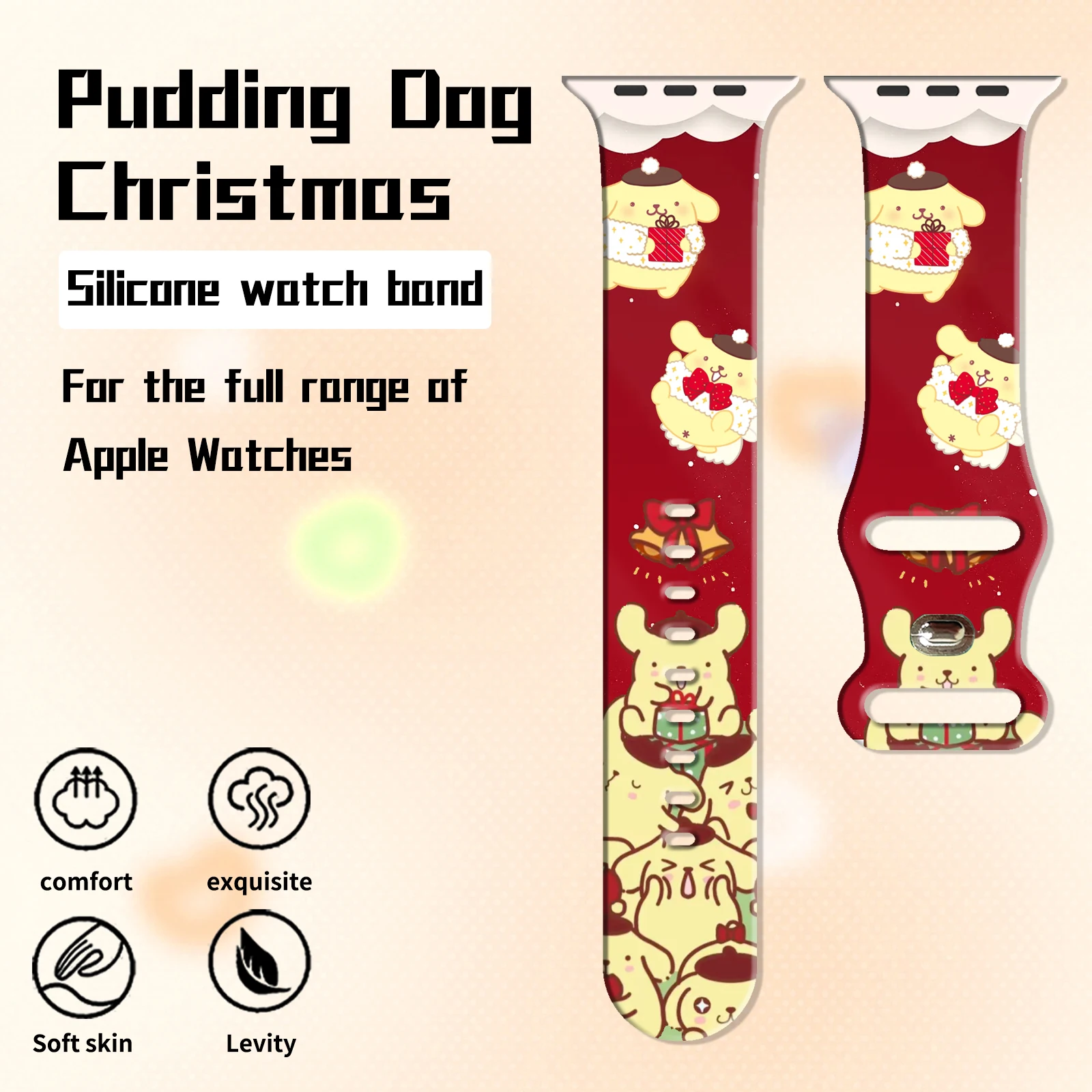 MINISO Weihnachten Pudding Hund bedrucktes Uhrenarmband für Apple Watch 11 10 9, Silikonband, austauschbares Armband für iWatch 45 mm 44 mm