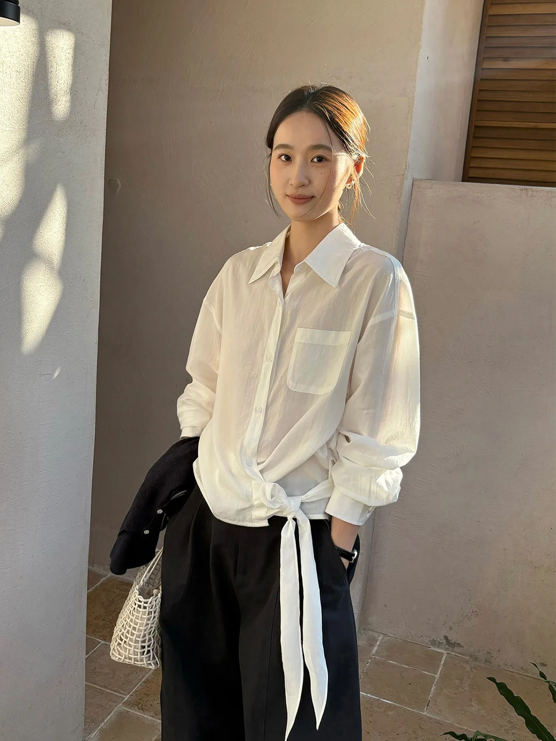 

Женская рубашка из смесового шелка и льна с длинным рукавом, приталенная, с завязками по бокам, однотонная, свободного кроя, простой дизайн, для повседневной носки