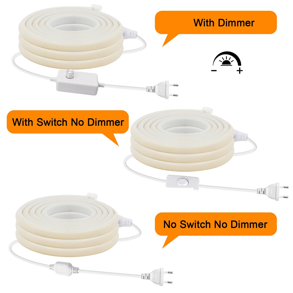 Dimmable COB LED Neon Light 220V Dimmer Switch Power EU Plug Kit 288LEDs/m Flexible Strip Warm/Natural White 0.5m 1m 2m 5m 10m