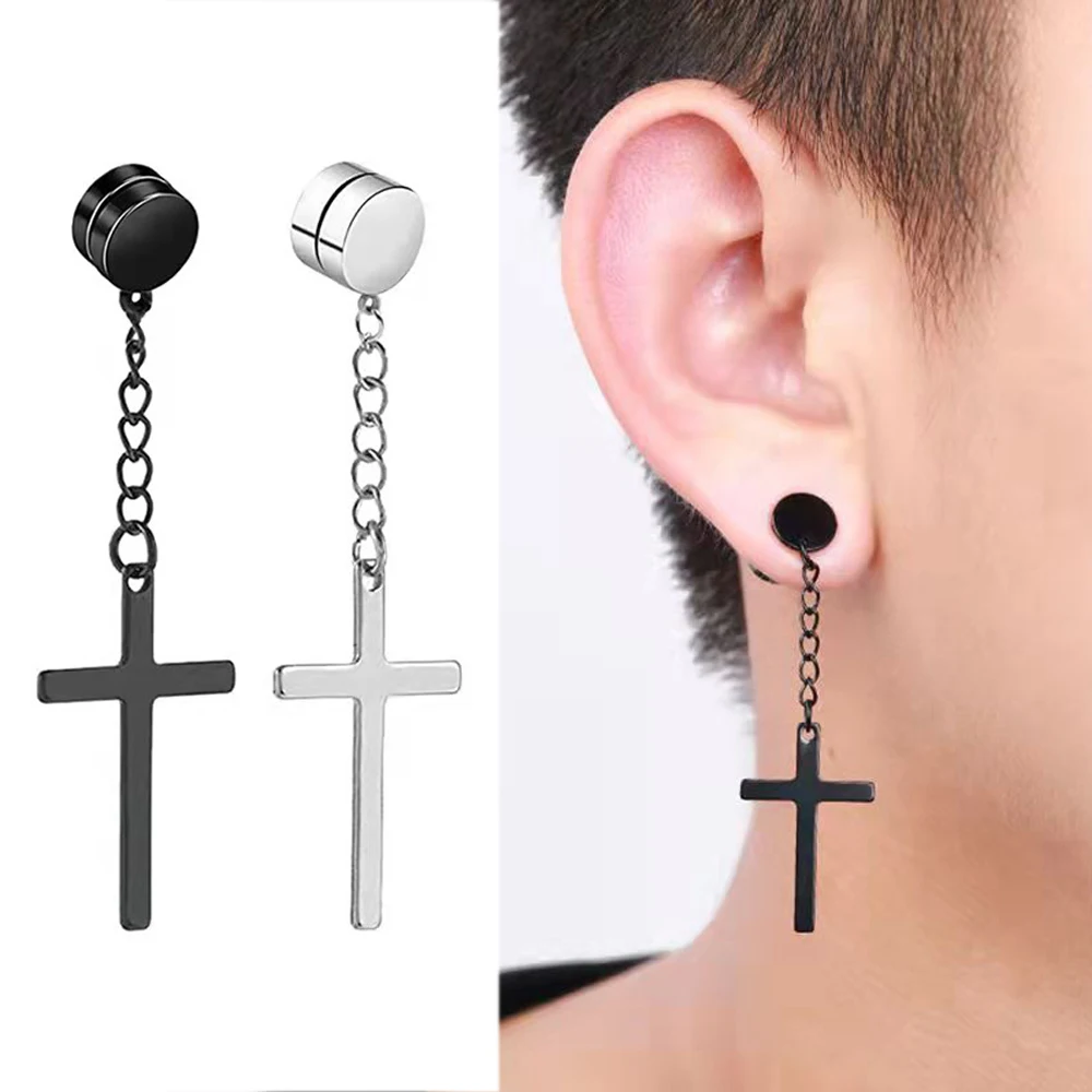 1 Magnetic Cross Ear Clip in Minimalist Fashion Style, Earrings, Drop Earrings, Black, White, Drop Earrings, Accessories for Men