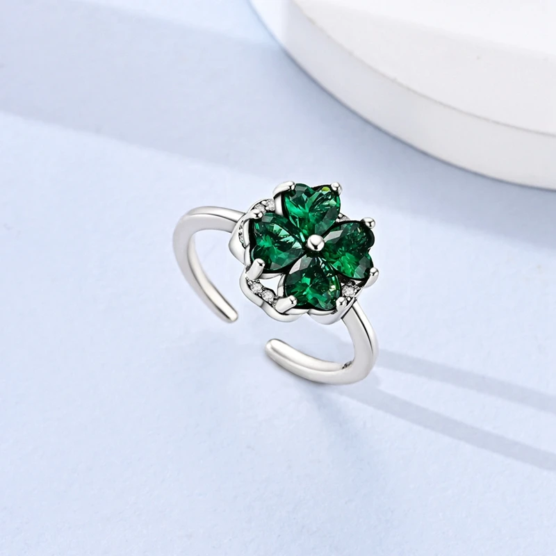 Original 925 Sterling Silver Heart-Shaped Four-Leaf Clover Flower Ring For Women Fit Wedding Anniversary Party Jewelry Gifts