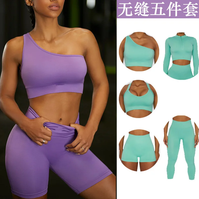 

New Seamless Yoga Suit Five-piece Zipper Fitness Long-sleeved Slanted Shoulder Strap Sports Underwear High Waist Hip Pants Women