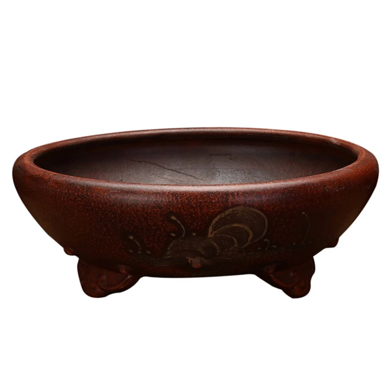 Chinese Style Purple Sand Retro Carving Bonsai Pots Simple Round Orchid Succulent Cactus Planter Tabletop Miniascape Maceteros