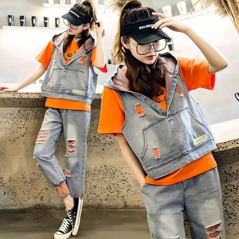 

2023 Spring Summer Fashion New Set Women Loose Fashion Broken Hole Denim Three Piece Set Two Piece Sets Womens Outifits