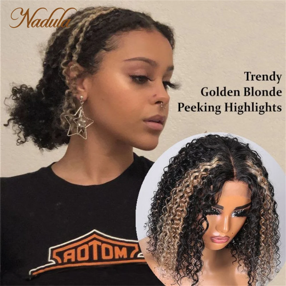 Nadula Hair T Part Lace Bob Wig 6X4.5 Pre Cut Lace Closure Wig Short Bob Curly Wig With Blond Piano Highlights Balayage Lace Wig