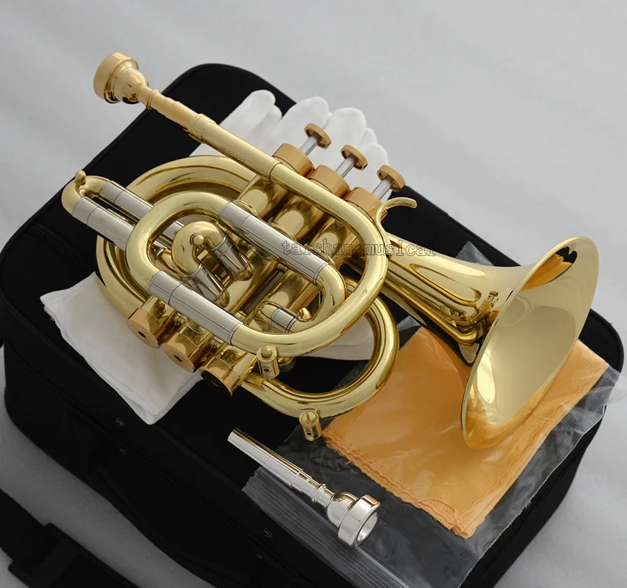 Performance  Professional new Bb Pocket Trumpet Gold horn Monel Valves With 2 Mouthpiece Case