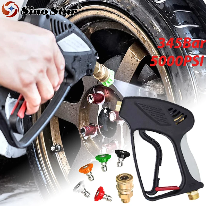 High Pressure Power Washer Gun with M22-14 Thread for Pressure Washer 5000 PSI 345Bar with 5 Spray Nozzles 1/4'' Quick-Connect