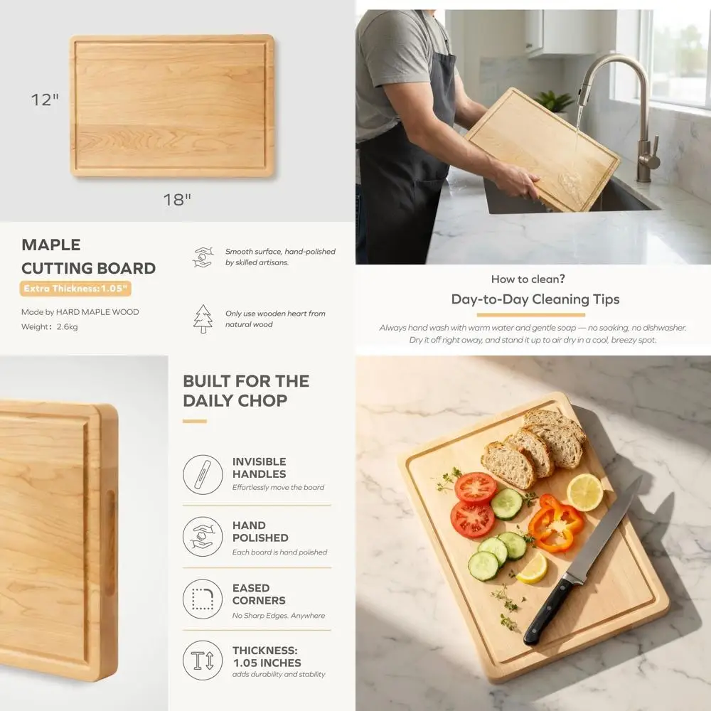 

18x12 Thick Hard Maple Wood Cutting Board with Hidden Handle and Groove for Kitchen Use